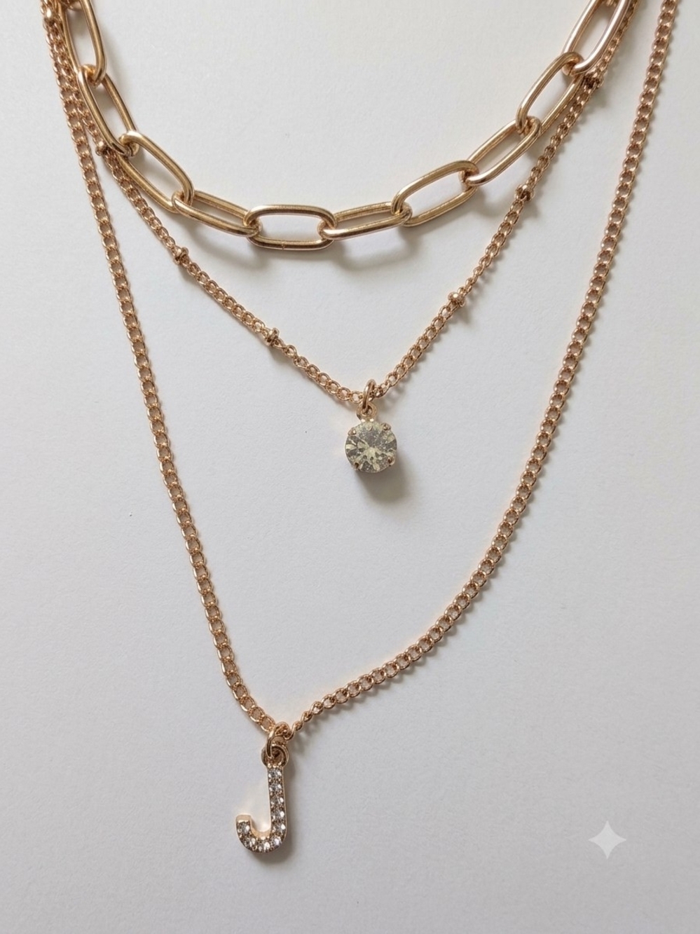 Gold Tone Layered Initial J Necklace with Crystal Pendant NWOT